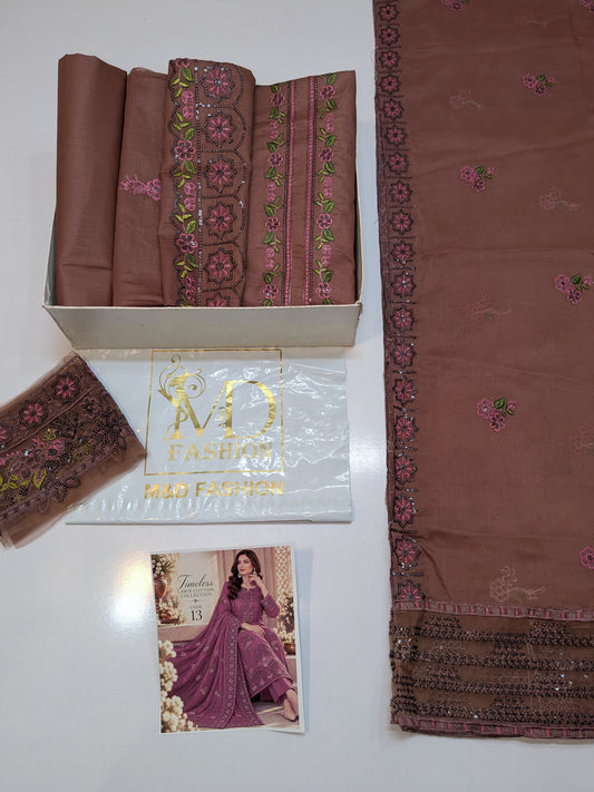 TIMELESS 13 BROWNISH MAUVE LAWN COTTON WITH CHIFFON DUPPATA