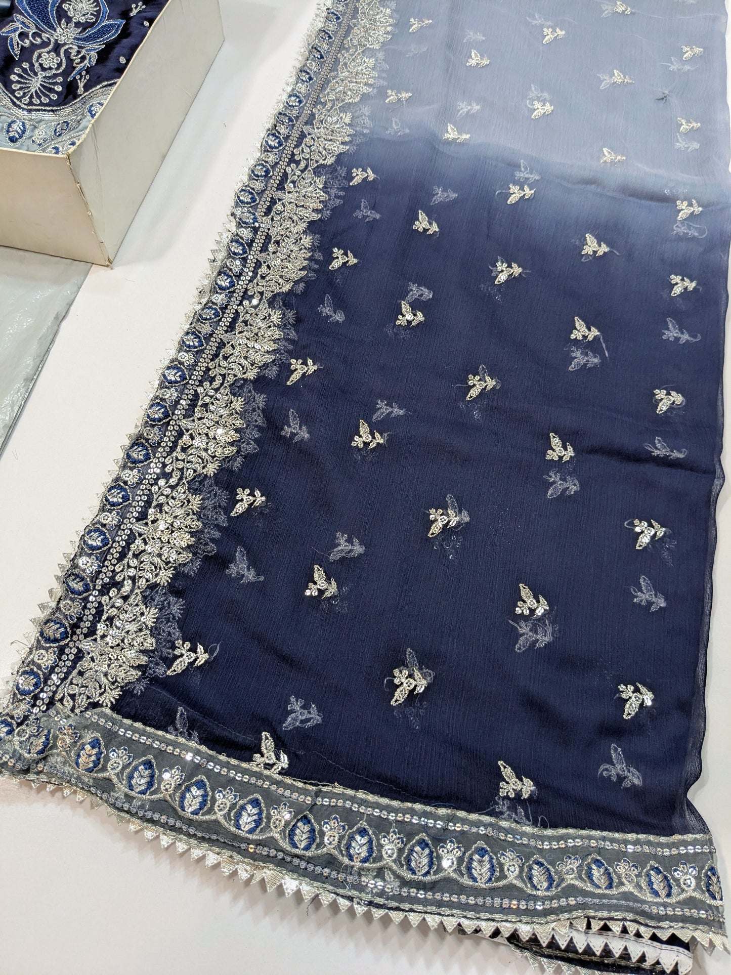 ANEELA GREY BLUE SILK EMBROIDERED