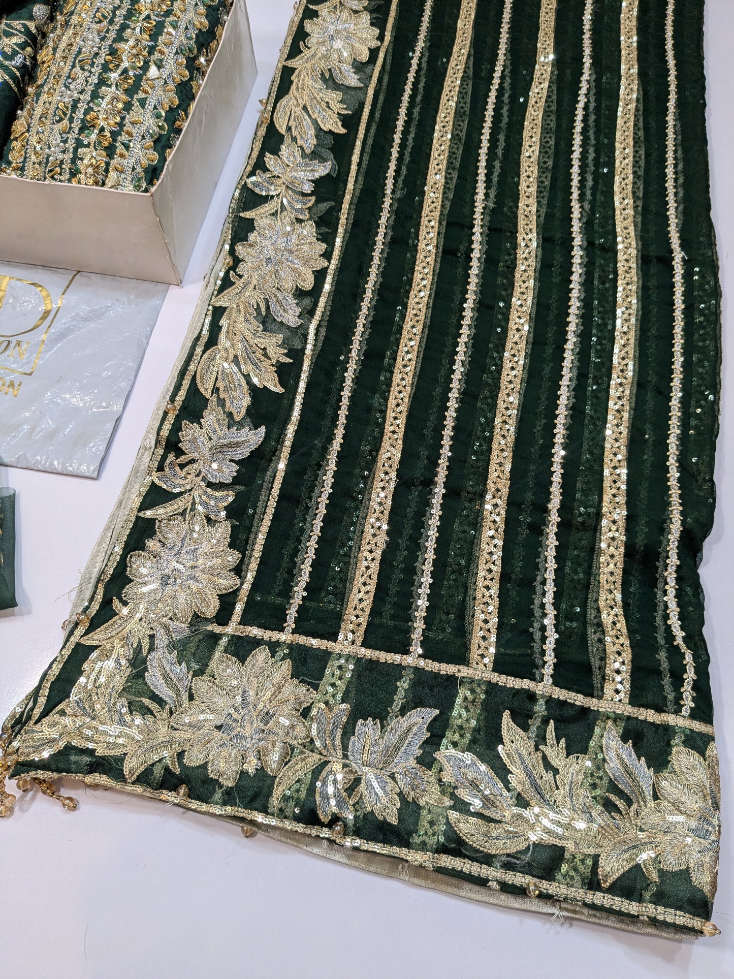 SANA SAFINAZ GREEN PREMIUM RAW SILK HAND EMBELLISHED 3 PIECE