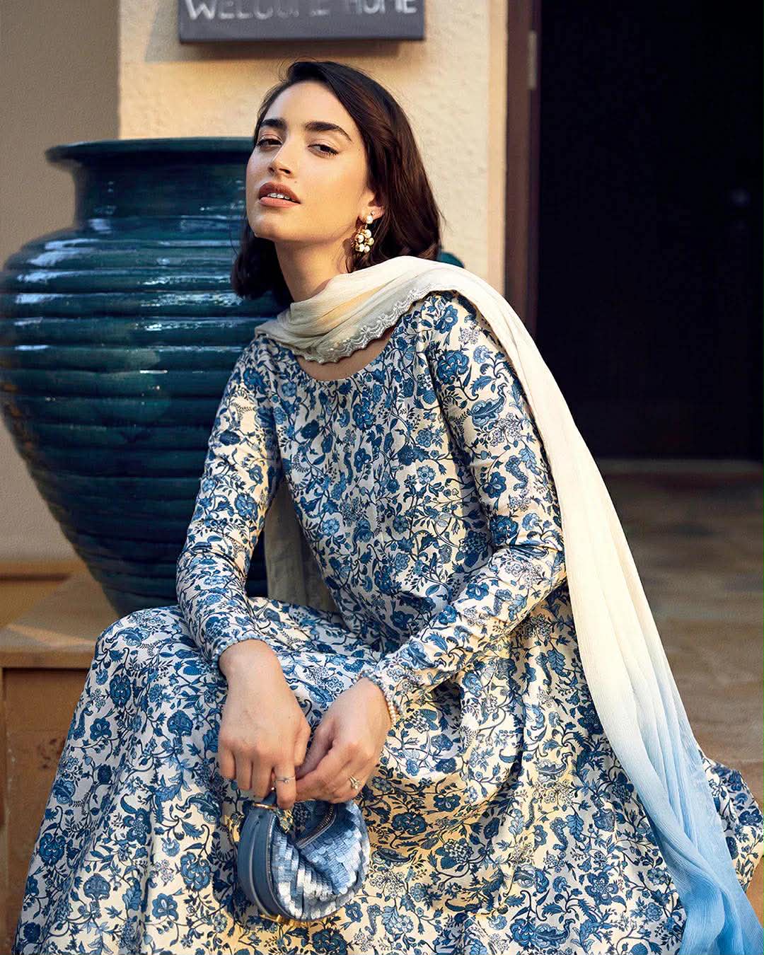 FAIZA SAQLAIN LAWN PRINTED EMBROIDERED SKY DRESS
