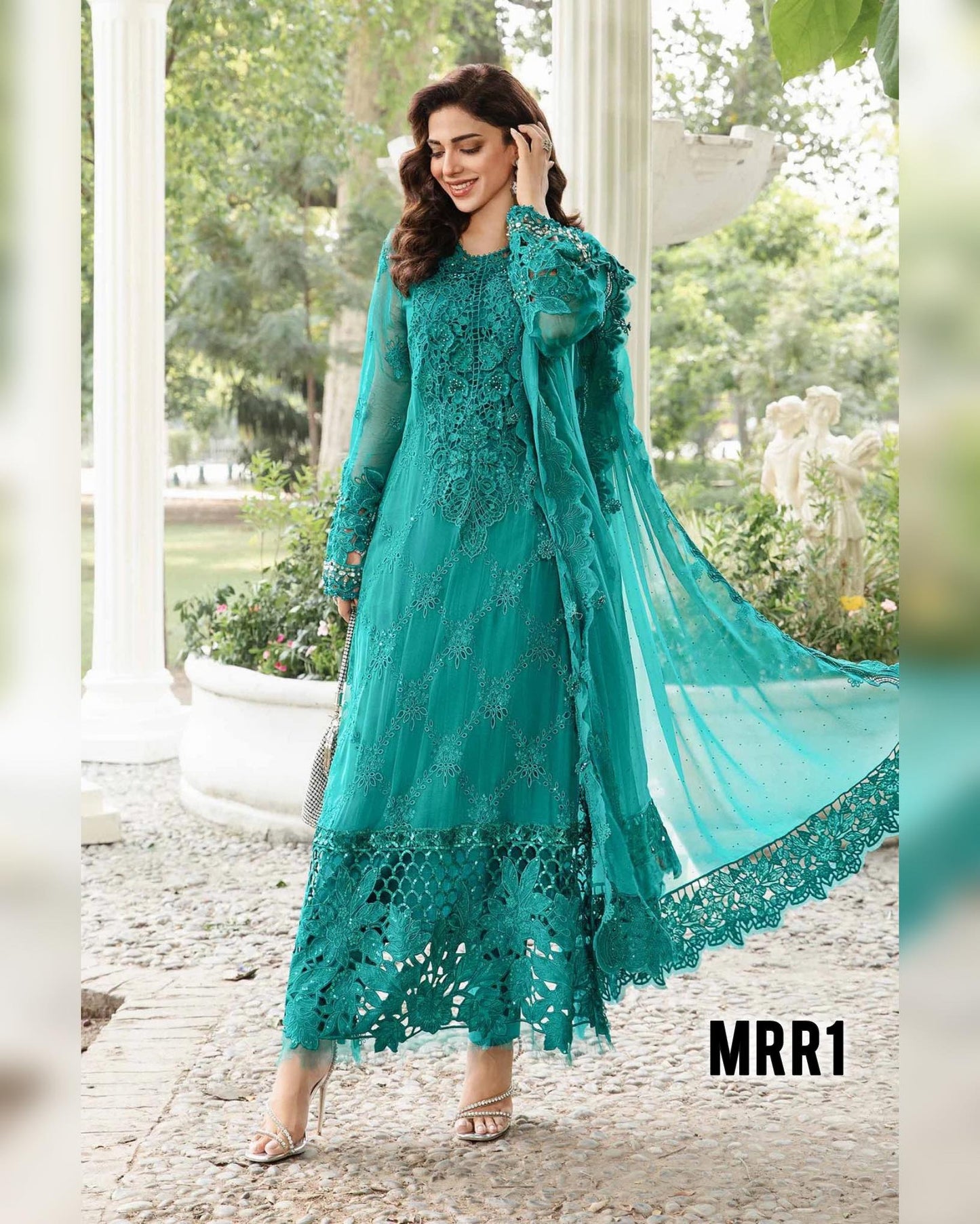 MARIA B SEA GREEN CHIFFON EMBROIDERED DRESS