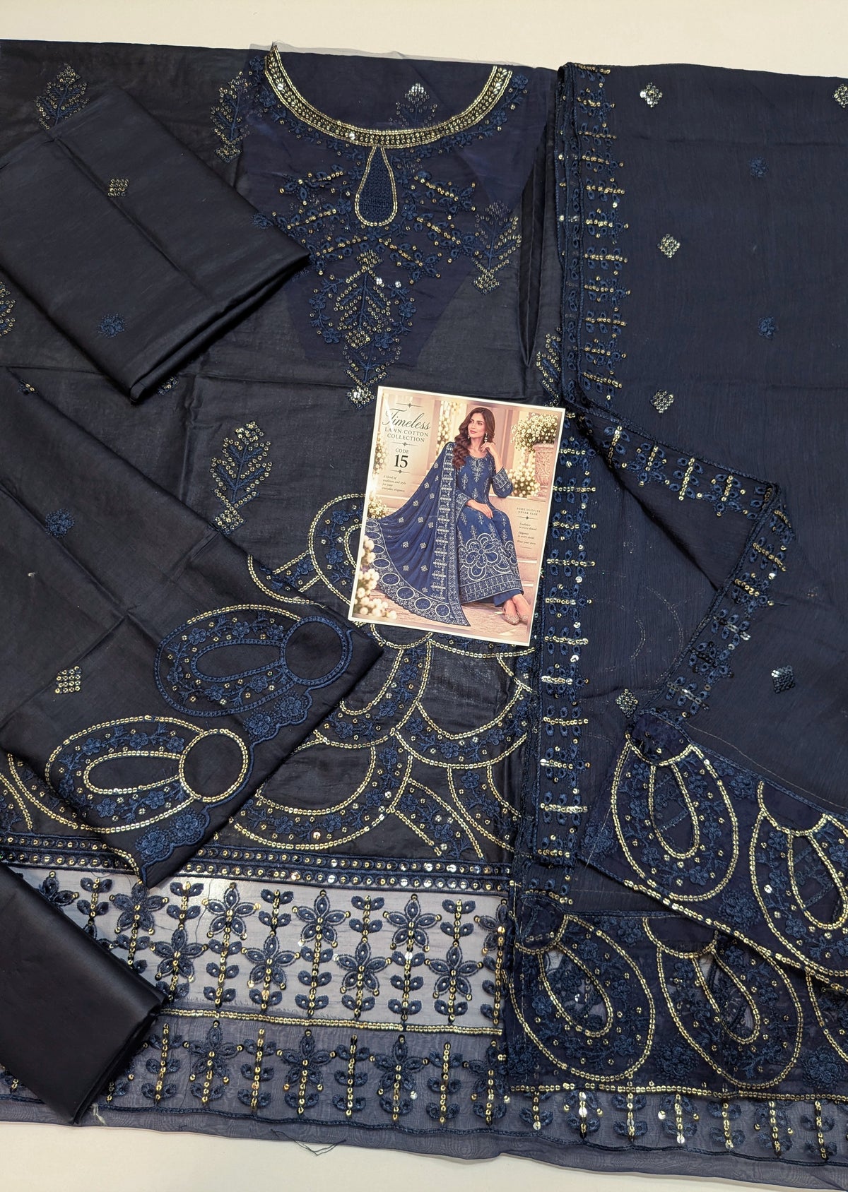 TIMELESS 15 INK BLUE LAWN COTTON WITH CHIFFON DUPPATA