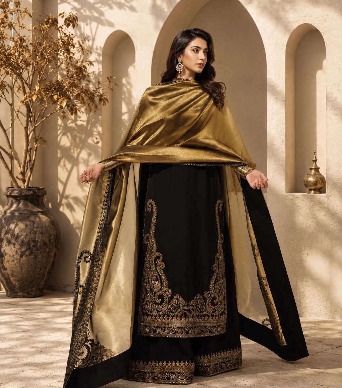 Royal Black Stitched Silk Dress with Golden Zari Shimmer Dupatta