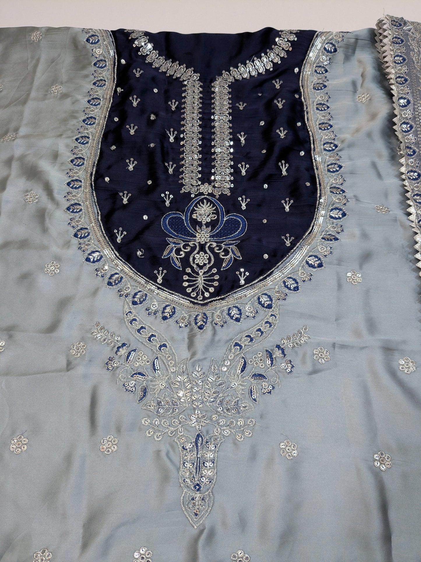 ANEELA GREY BLUE SILK EMBROIDERED