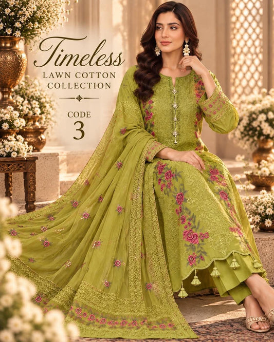 MAHIRA 03 PARROT DHANI LAWN COTTON DRESS WITH CHIFFON DUPPATA