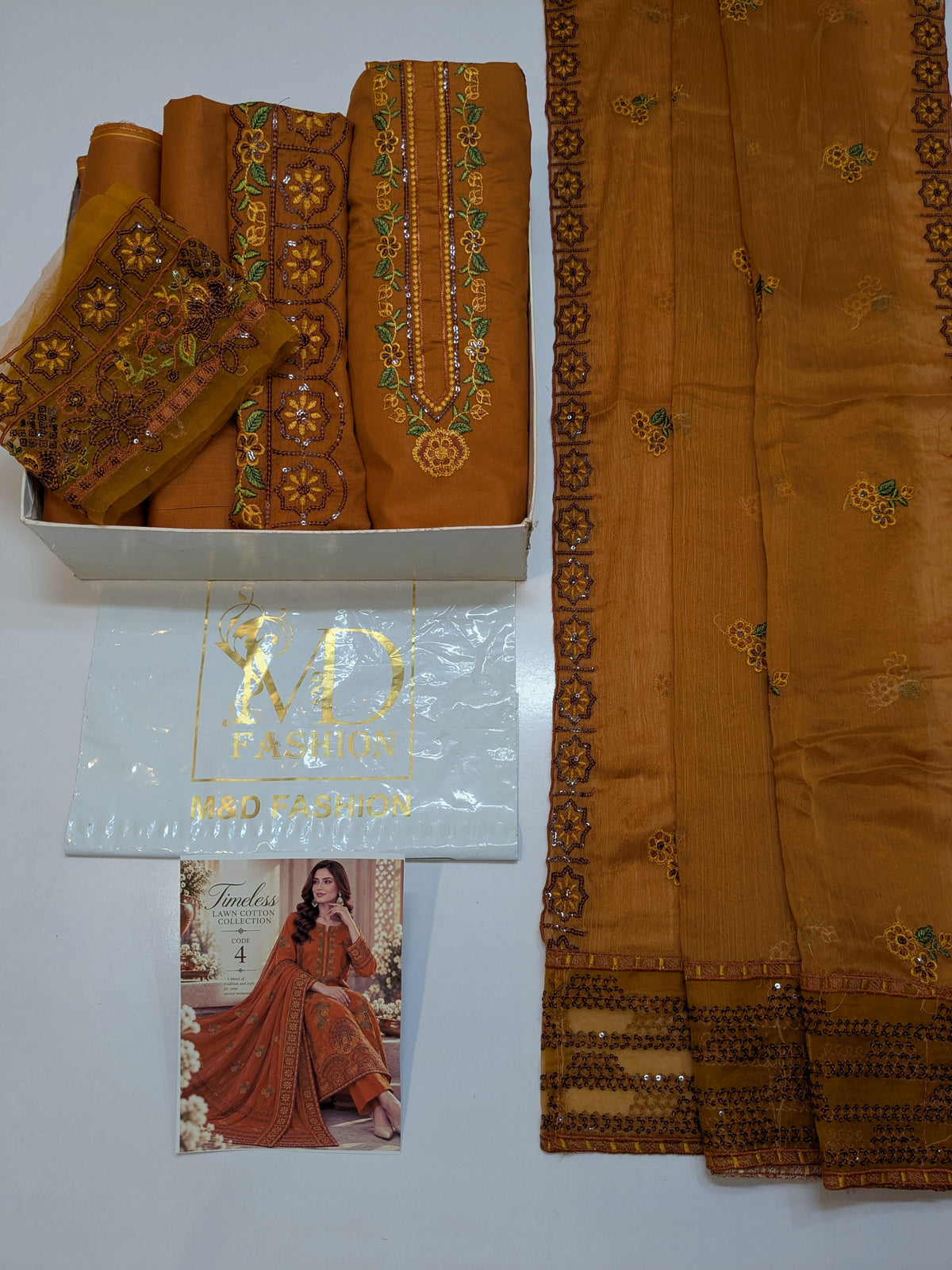 MAHIRA 04 MARIGOLD LAWN COTTON DRESS WITH CHIFFON DUPPATA