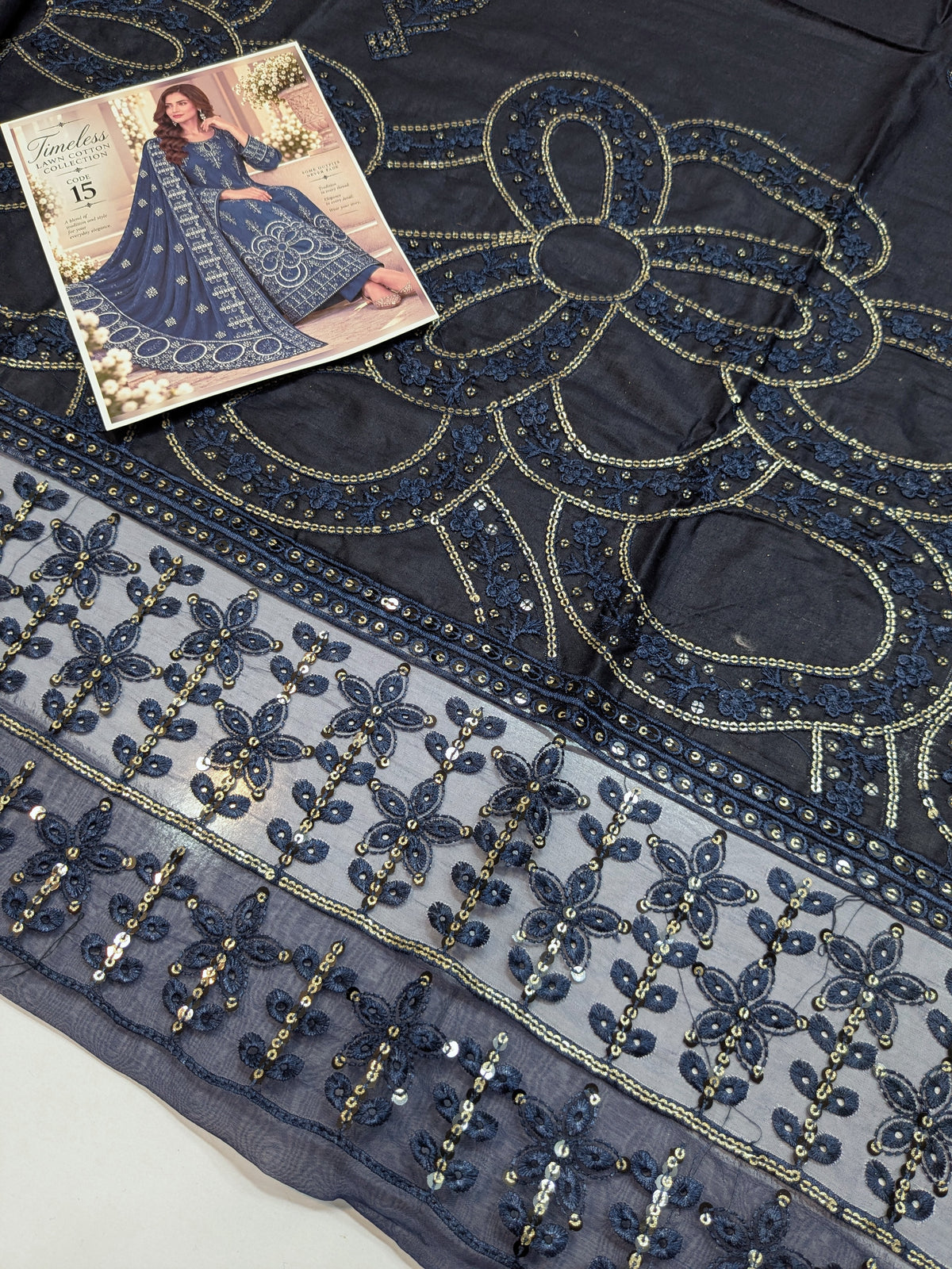 TIMELESS 15 INK BLUE LAWN COTTON WITH CHIFFON DUPPATA