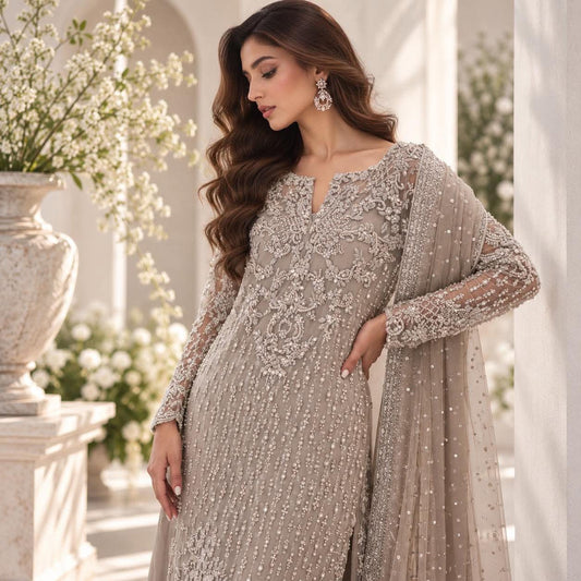 MINA HASSAN INSPIRED PREMIUM NET EMBROIDERED DRESS