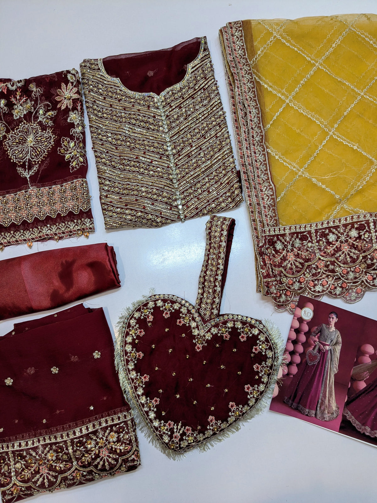 MARIA B INSPIRED LUXURIOUS MAROON FORMAL WEAR WITH HEART CLUTCH