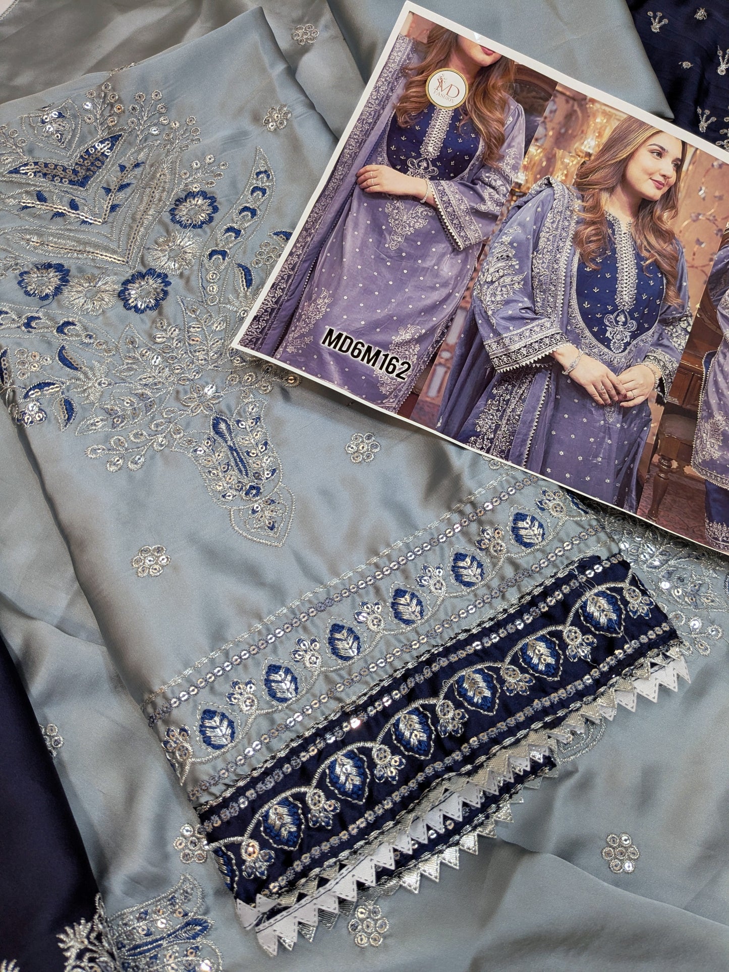 ANEELA GREY BLUE SILK EMBROIDERED