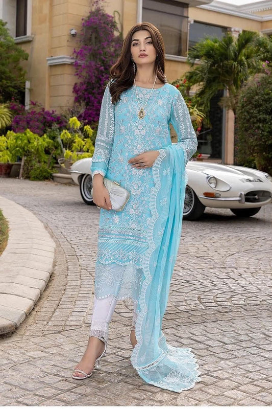 AZURE SKY BLUE ORGANZA EMBROIDERED DRESS