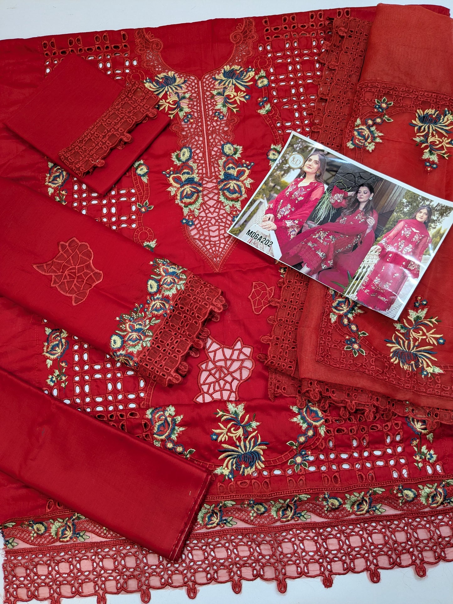 ANEELA RED CHIKENKARI EMBROIDERED
