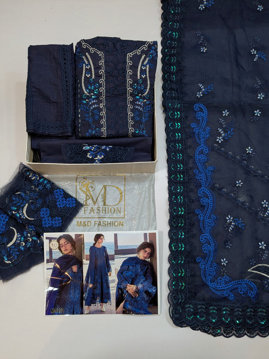 MAHNUR SAJJAL BLUE CHIKENKARI LAWN EMBROIDERED