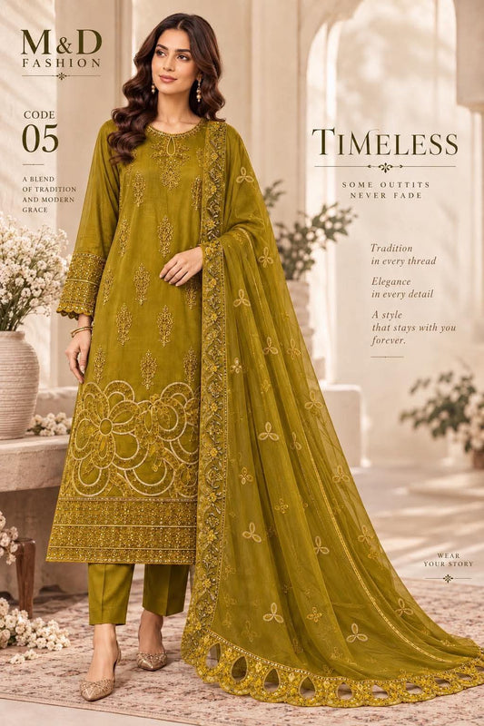 MAHIRA 05 OLIVE GREEN LAWN COTTON DRESS WITH CHIFFON DUPPATA