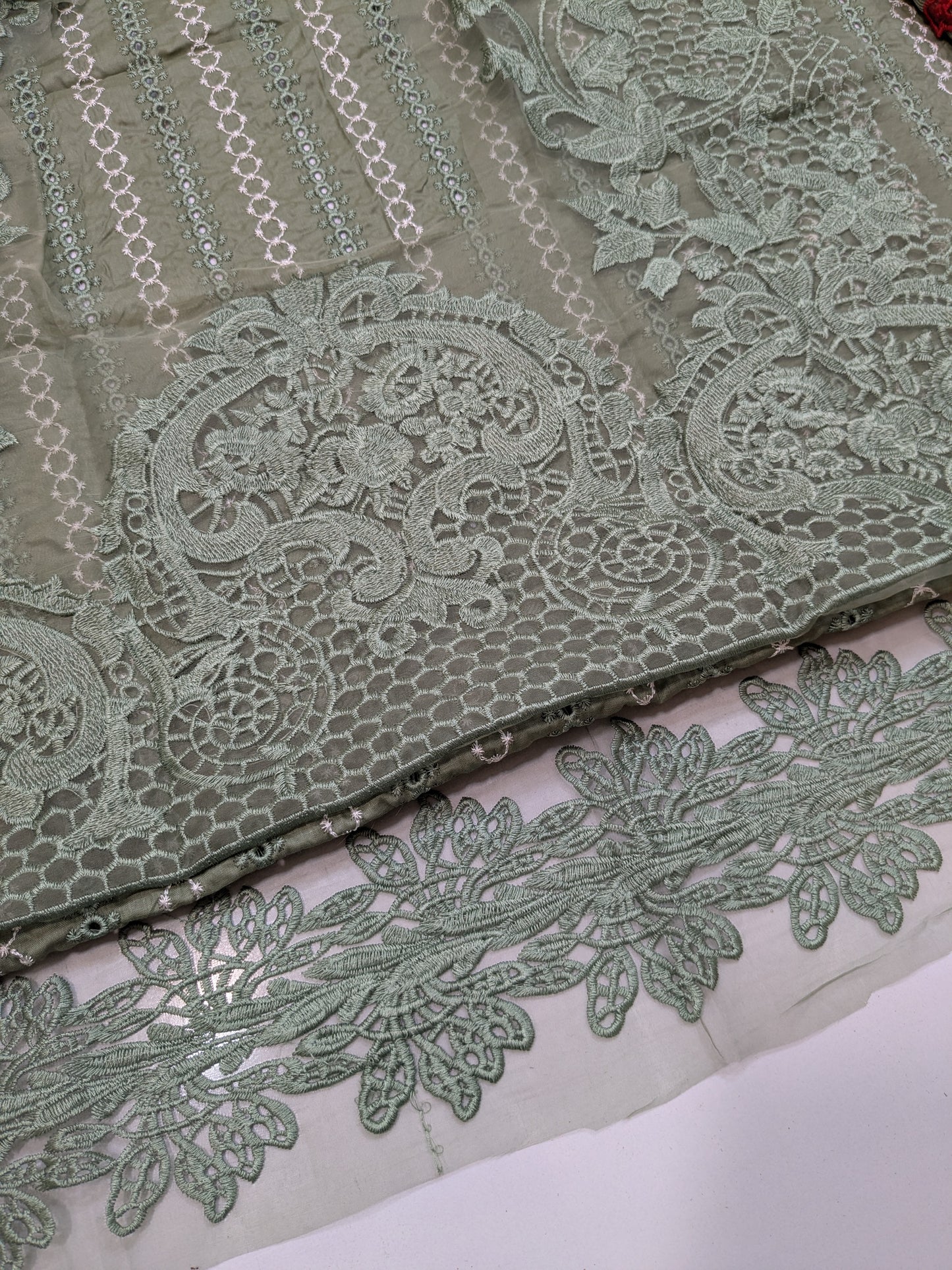 Crimson Opel Chikenkari embroidered Mehndi green