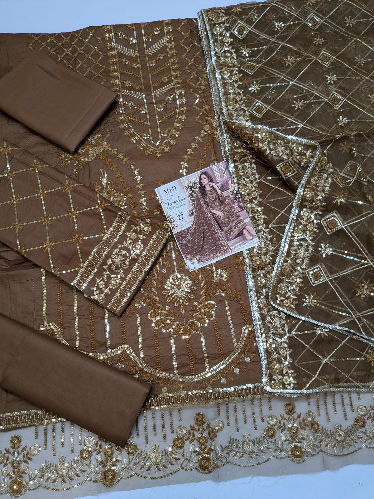 TIMELESS 21 BROWN LAWN COTTON WITH ORGANZA DUPPATA