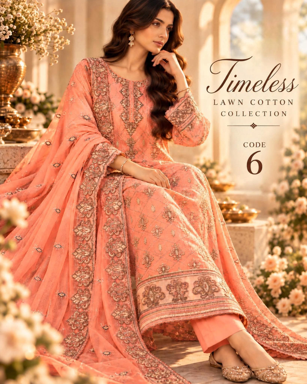 MAHIRA 06 CORAL PEACH LAWN COTTON DRESS WITH CHIFFON DUPPATA