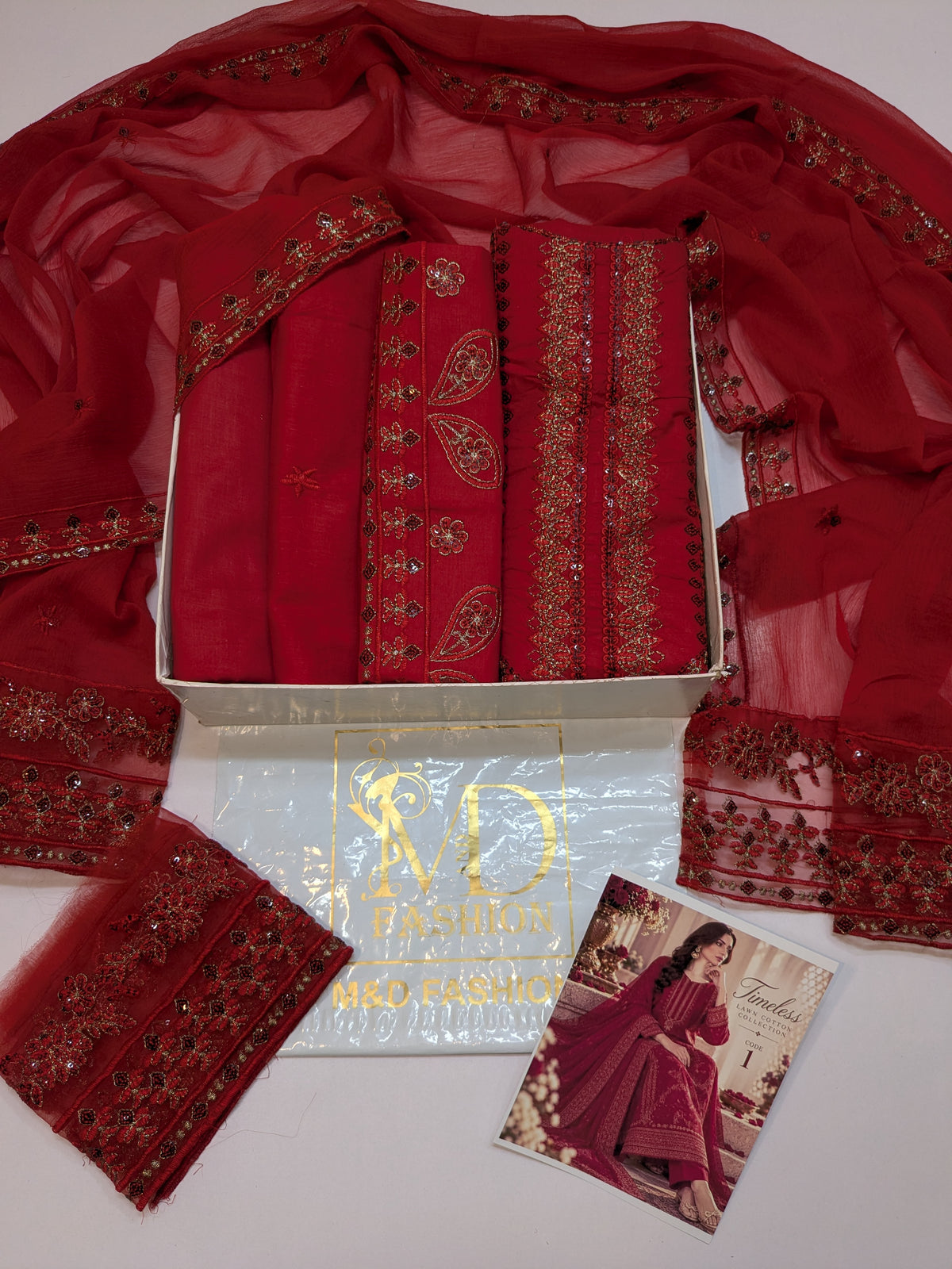 MAHIRA 01 RED LAWN COTTON DRESS WITH CHIFFON DUPPATA