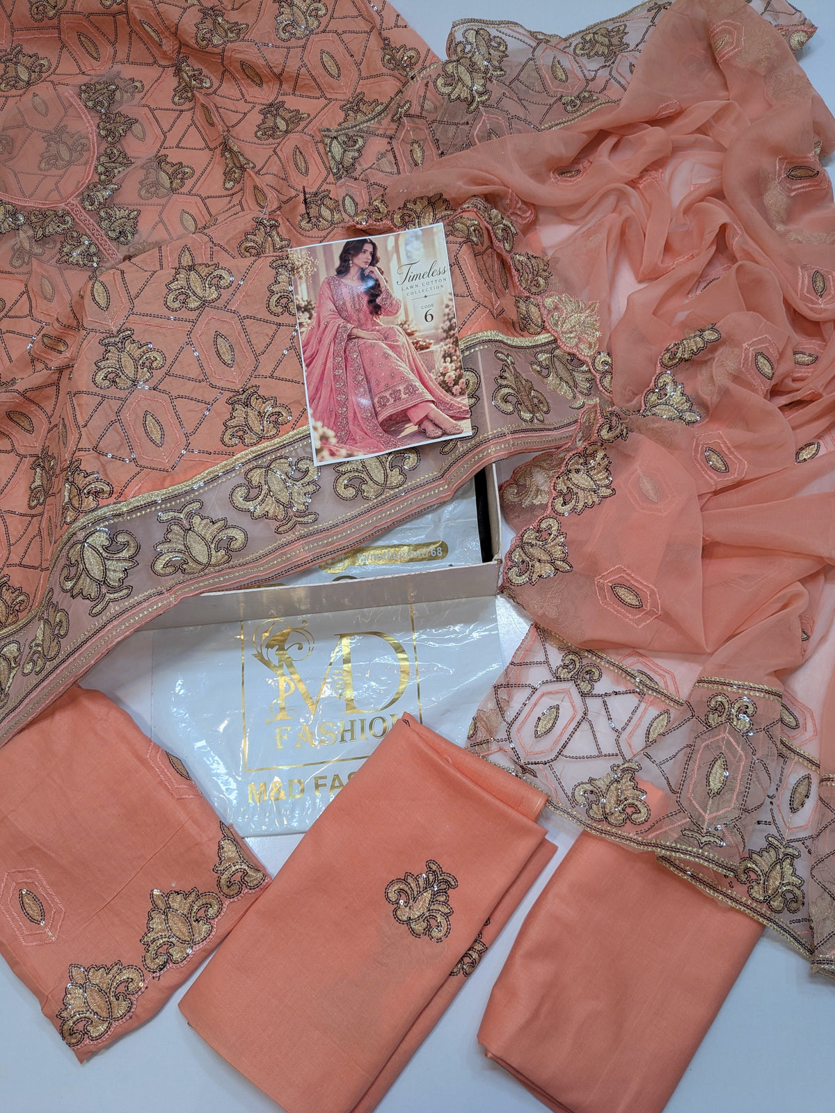 MAHIRA 06 CORAL PEACH LAWN COTTON DRESS WITH CHIFFON DUPPATA