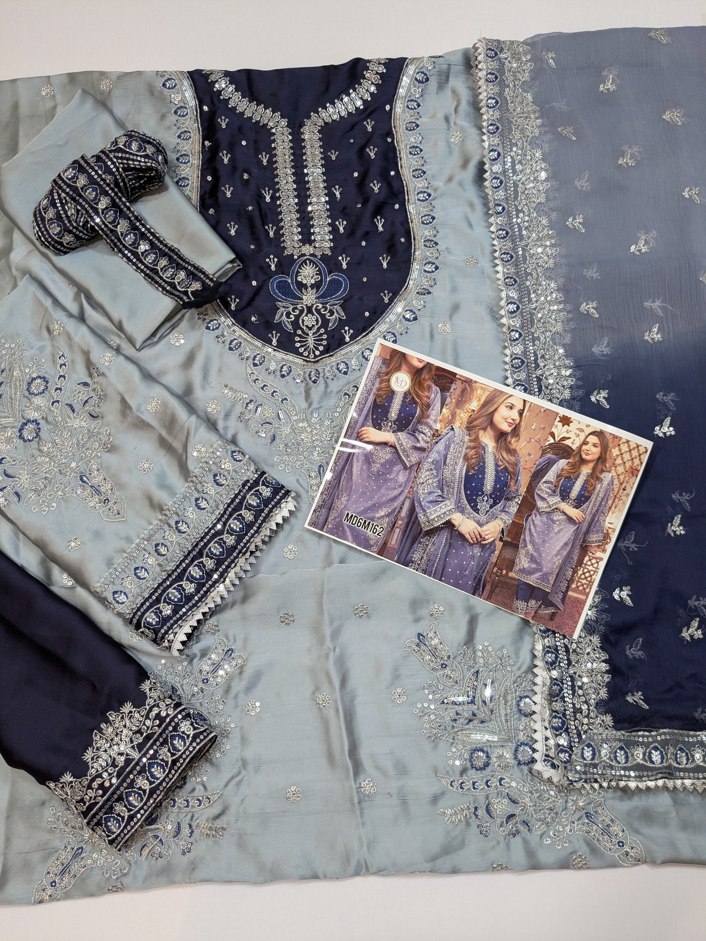 ANEELA GREY BLUE SILK EMBROIDERED