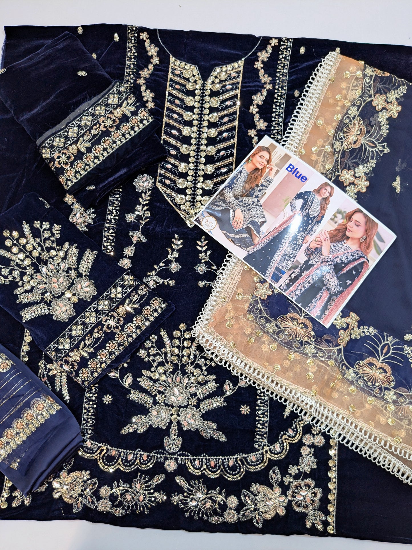 ANEELAS SUMBUL BLUE LUXURIOUS VELVET DRESS