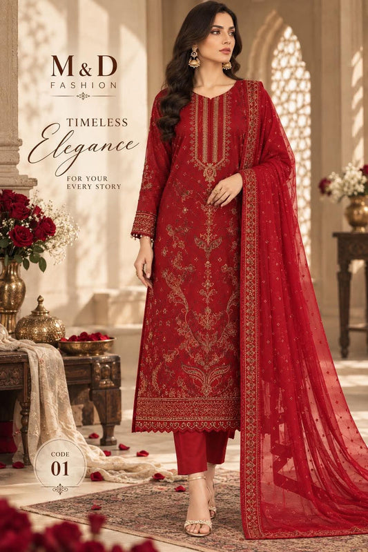 MAHIRA 01 RED LAWN COTTON DRESS WITH CHIFFON DUPPATA