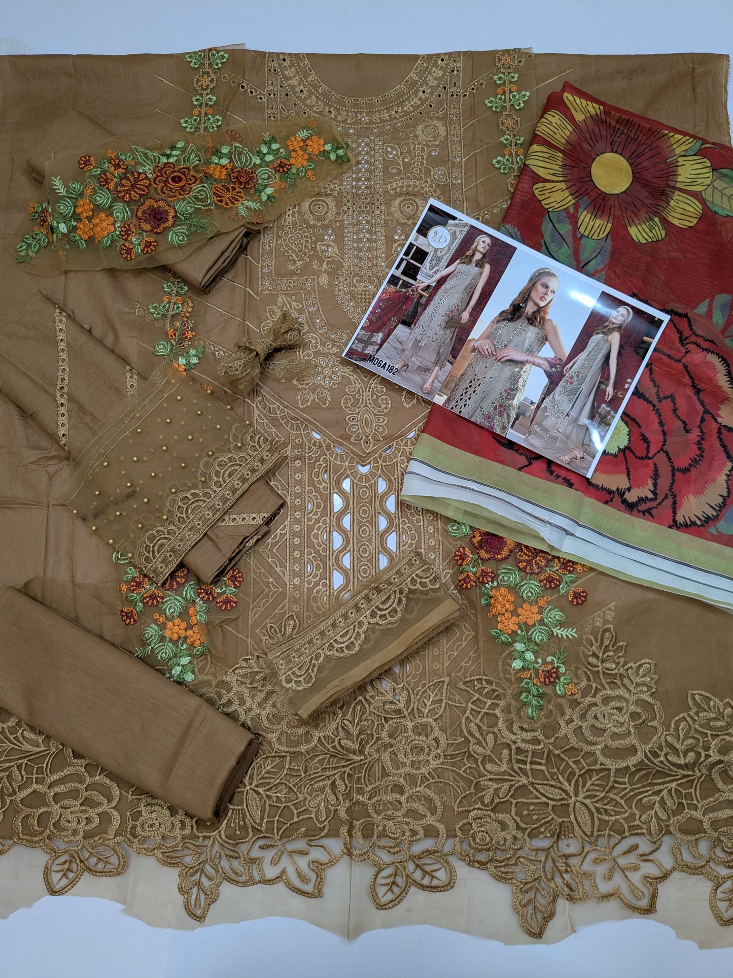 MARIA B BROWN CHIKENKARI EMBROIDERED LAWN