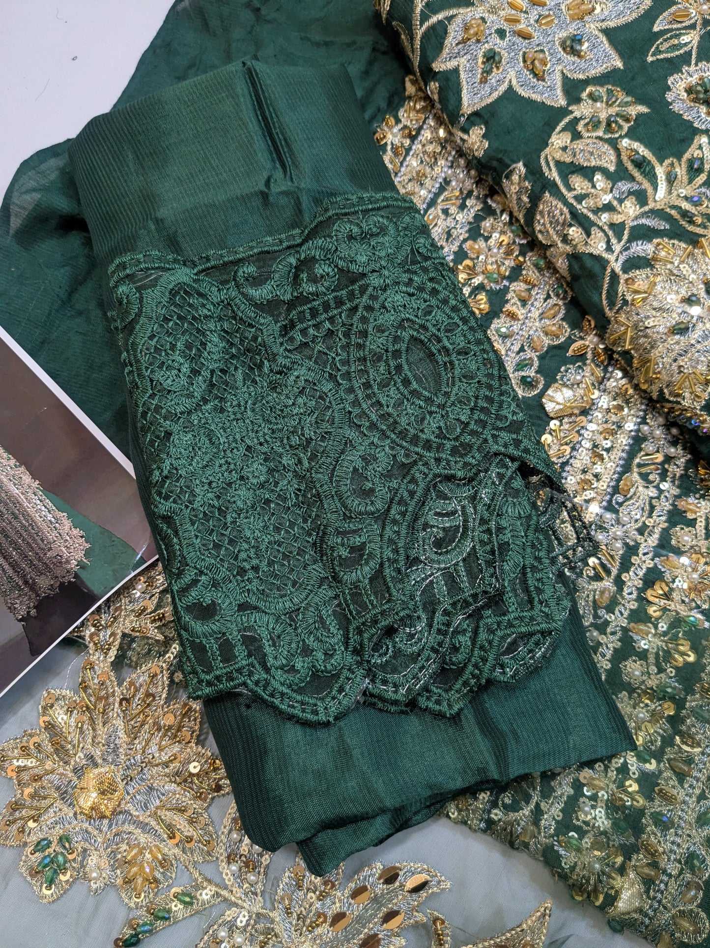 SANA SAFINAZ GREEN PREMIUM RAW SILK HAND EMBELLISHED 3 PIECE