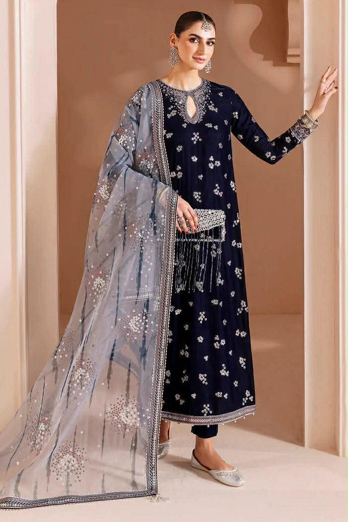 JAZMIN BLUE VELVET WITH GRAY DUPATA 3PC