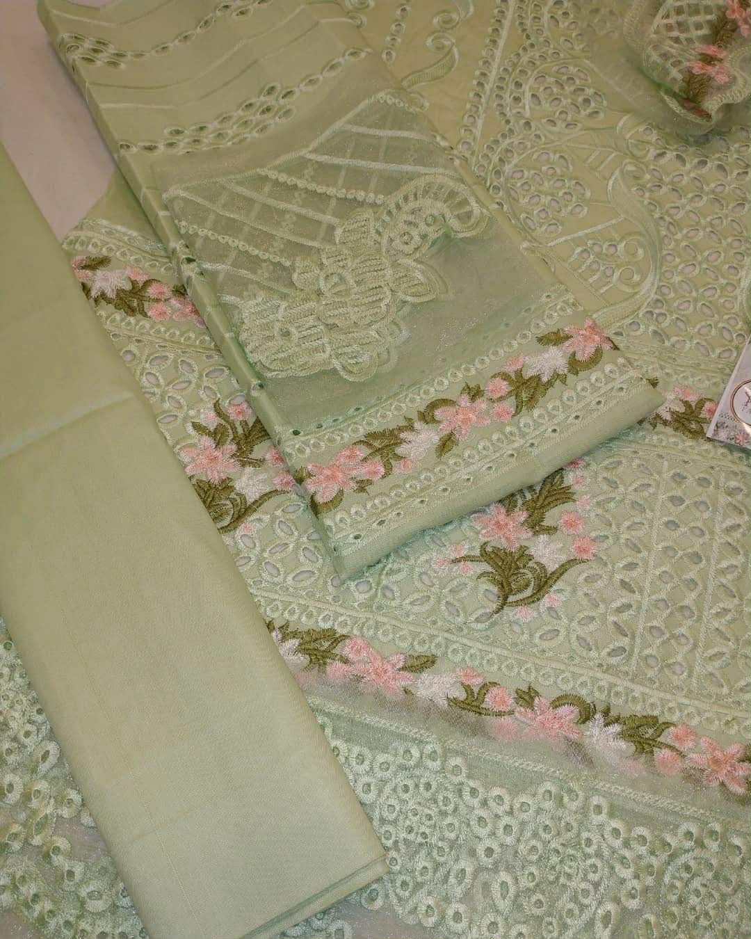 ADAN LIBAS PISTACHIO CHIKNKARI LAWN UNSTICHED