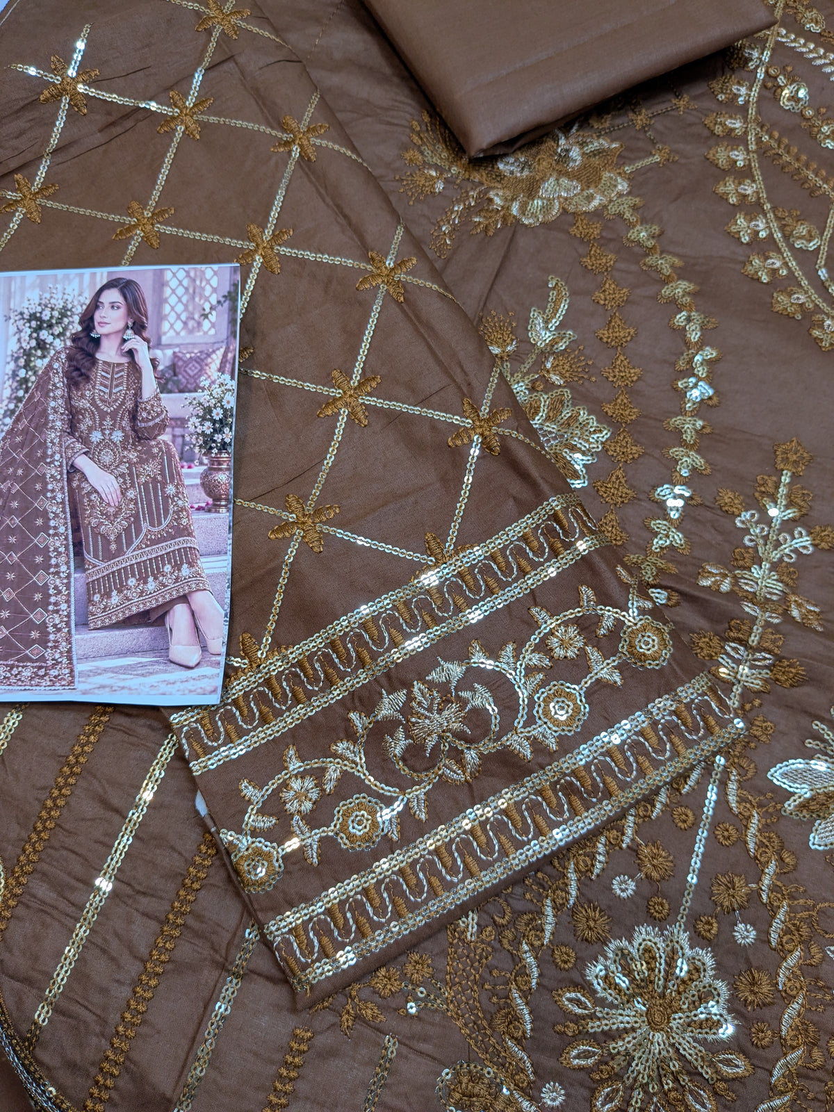 TIMELESS 21 BROWN LAWN COTTON WITH ORGANZA DUPPATA