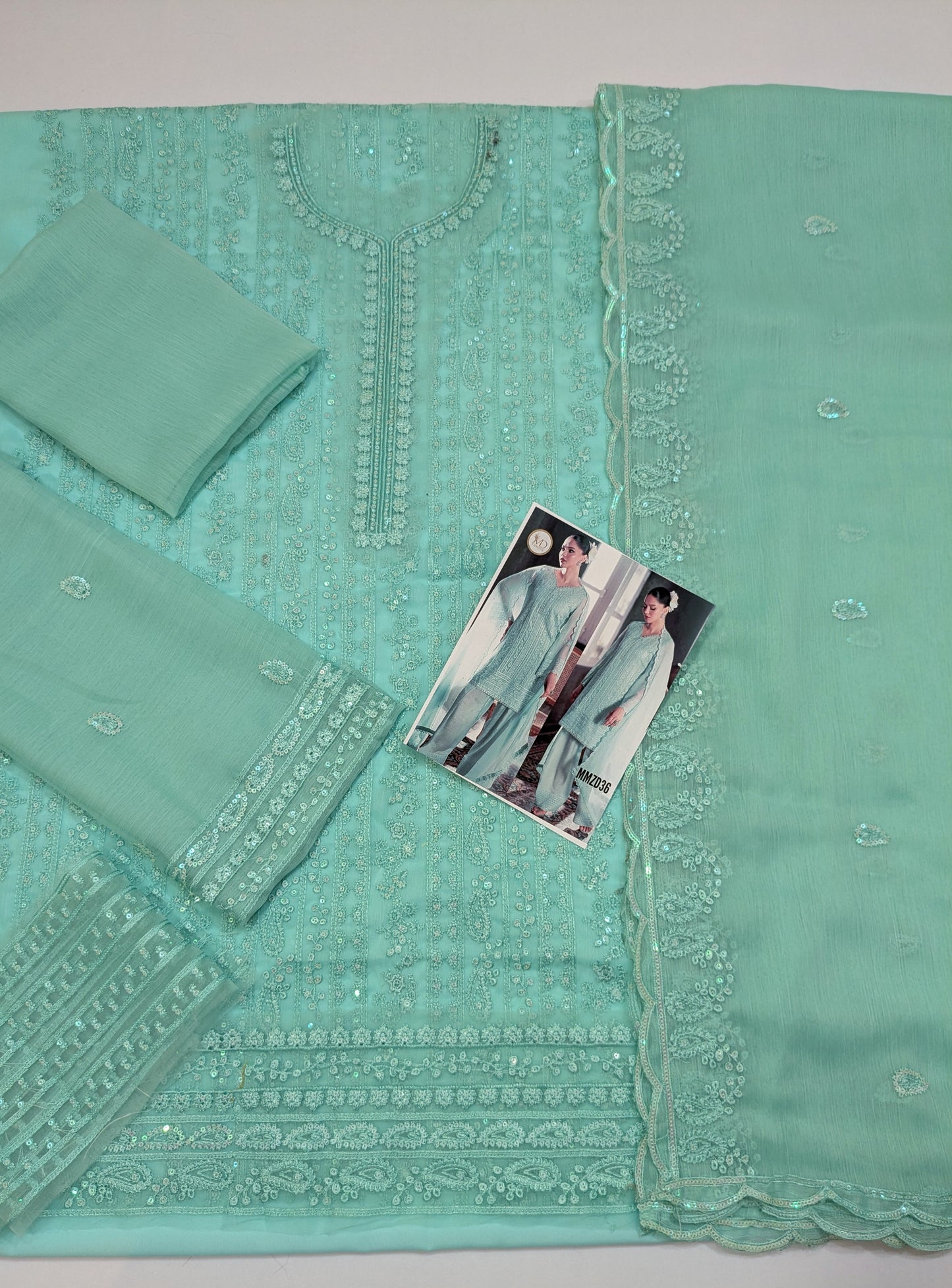 AZURE SOFT SEA GREEN CHIFFON EMBROIDERED