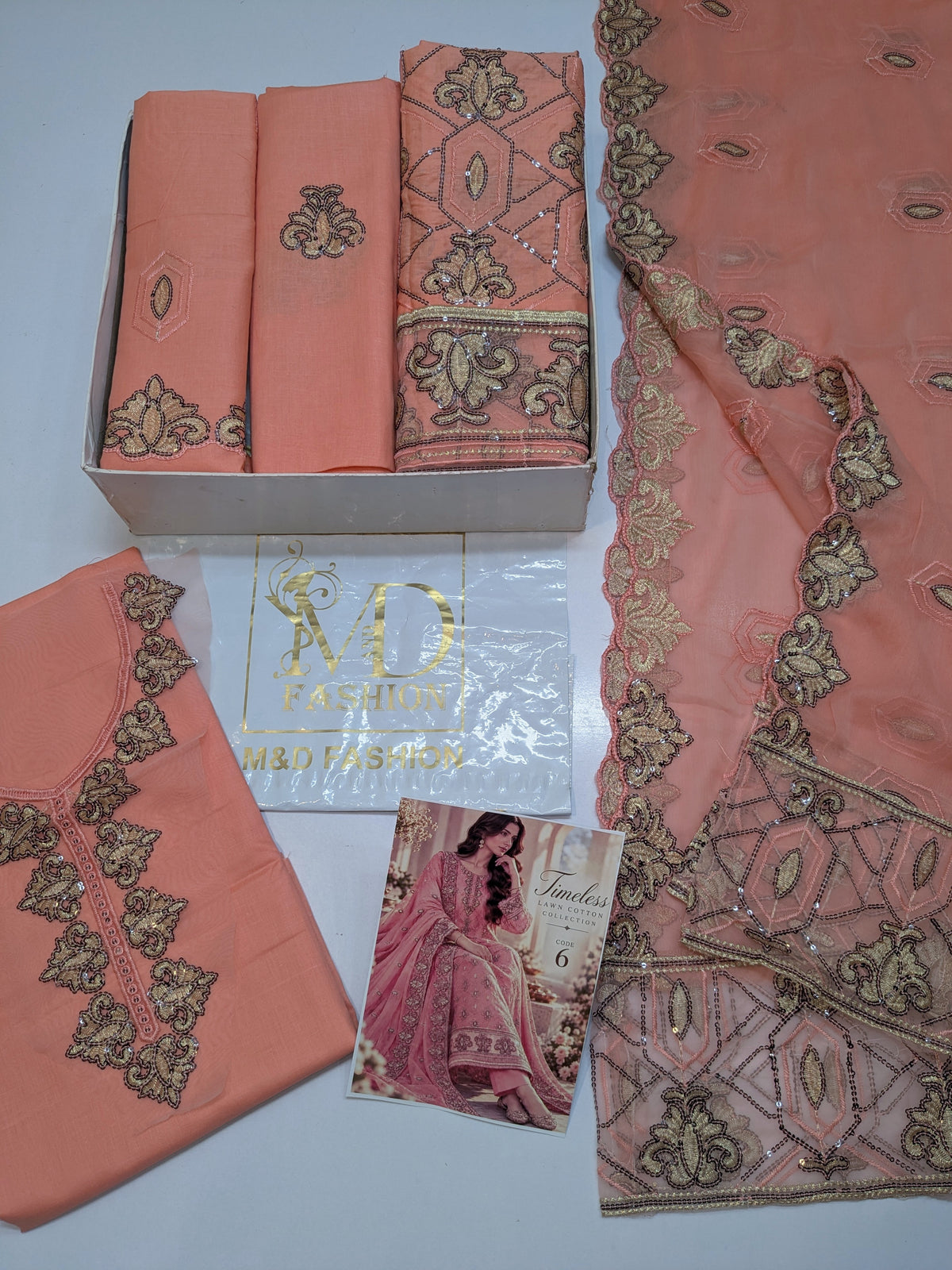 MAHIRA 06 CORAL PEACH LAWN COTTON DRESS WITH CHIFFON DUPPATA