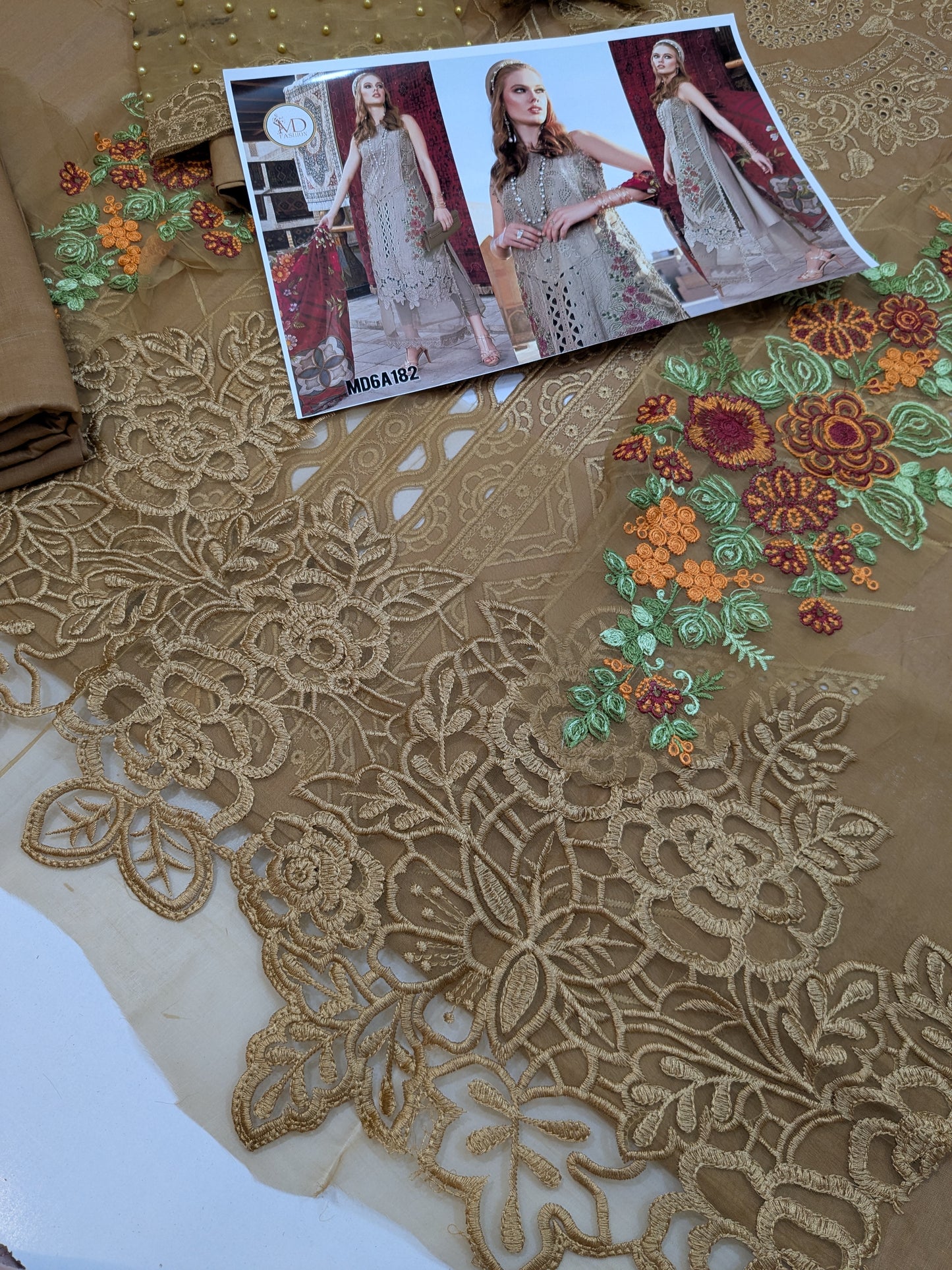 MARIA B BROWN CHIKENKARI EMBROIDERED LAWN