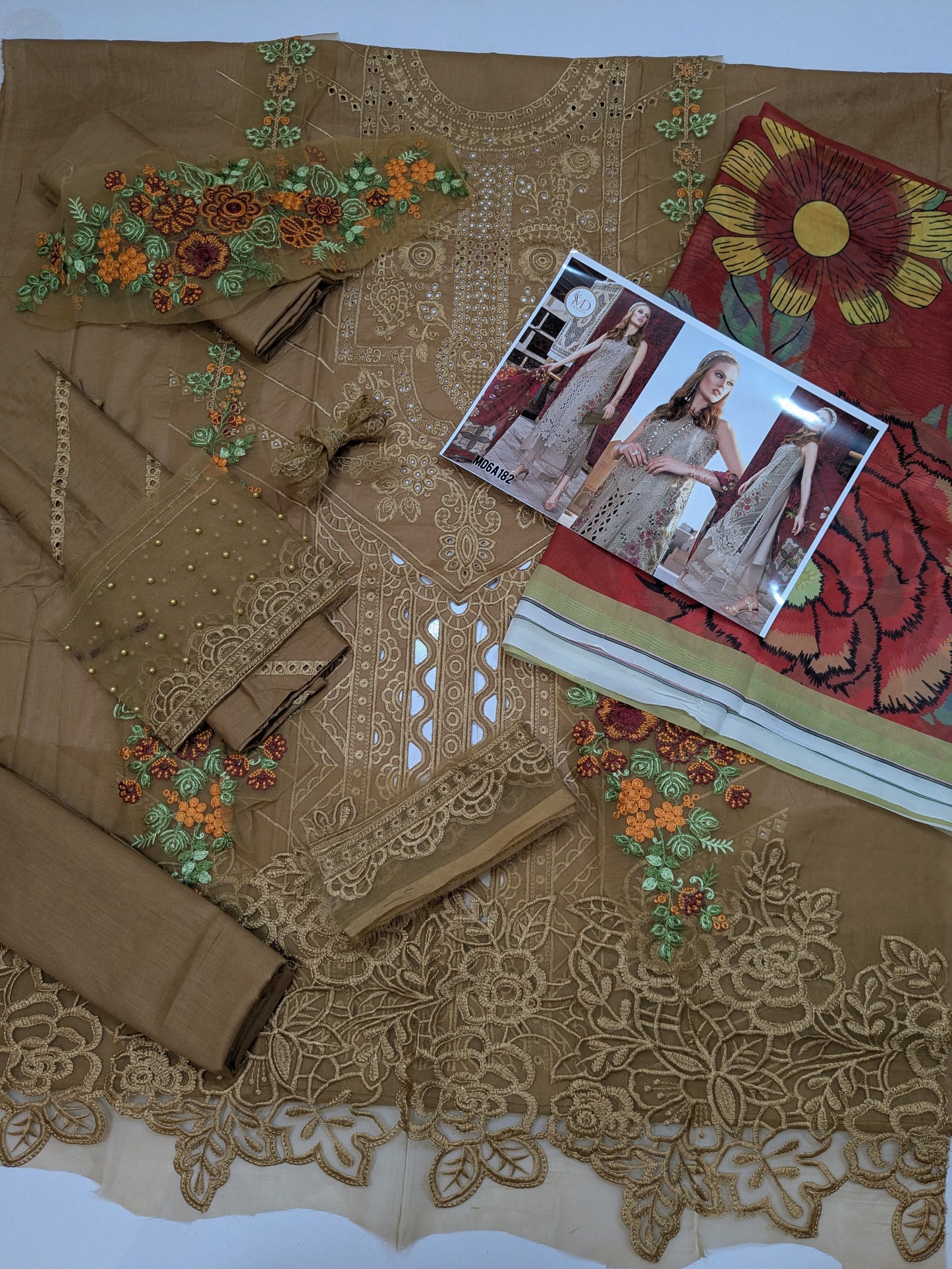 MARIA B BROWN CHIKENKARI EMBROIDERED LAWN