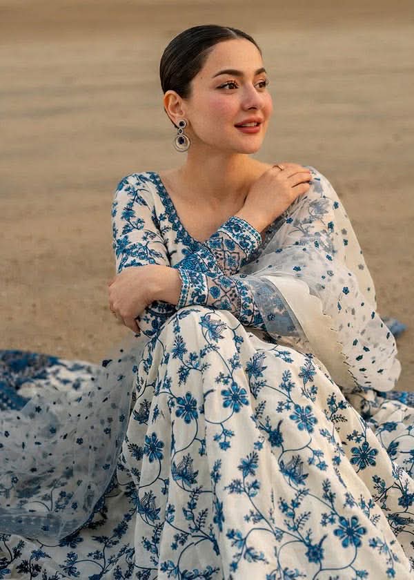 FAIZA SAQLAIN JEHONA KALIDAR BLUE WHITE HEAVY EMBROIDERED