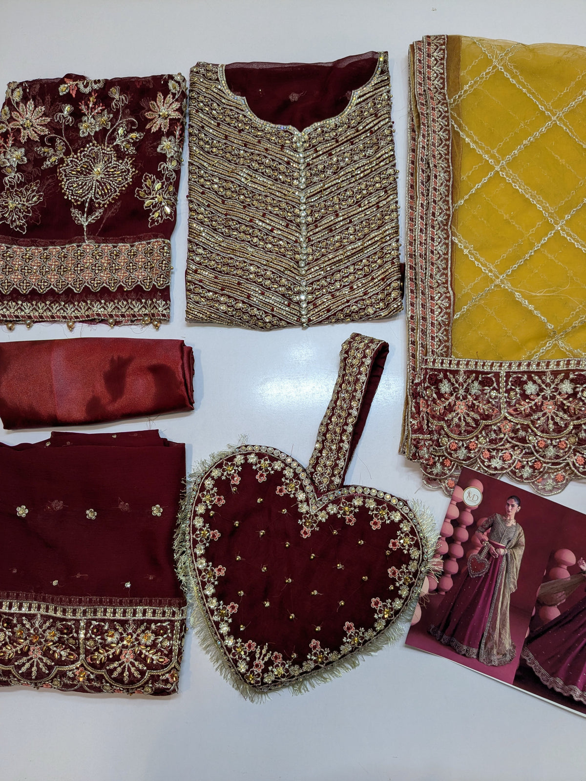 MARIA B INSPIRED LUXURIOUS MAROON FORMAL WEAR WITH HEART CLUTCH