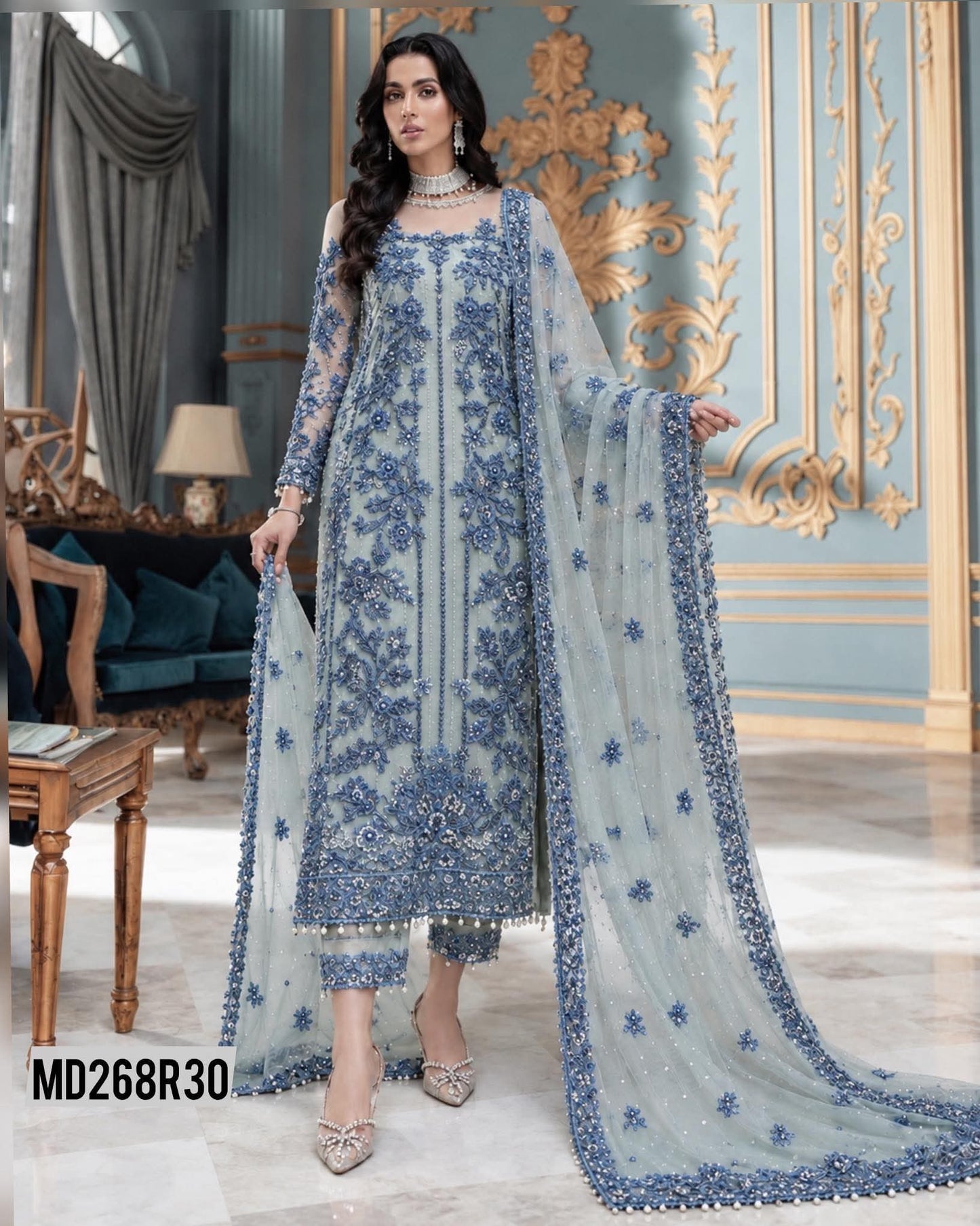 GULAAL INSPIRED AQUA NET EMBROIDERED FANCY