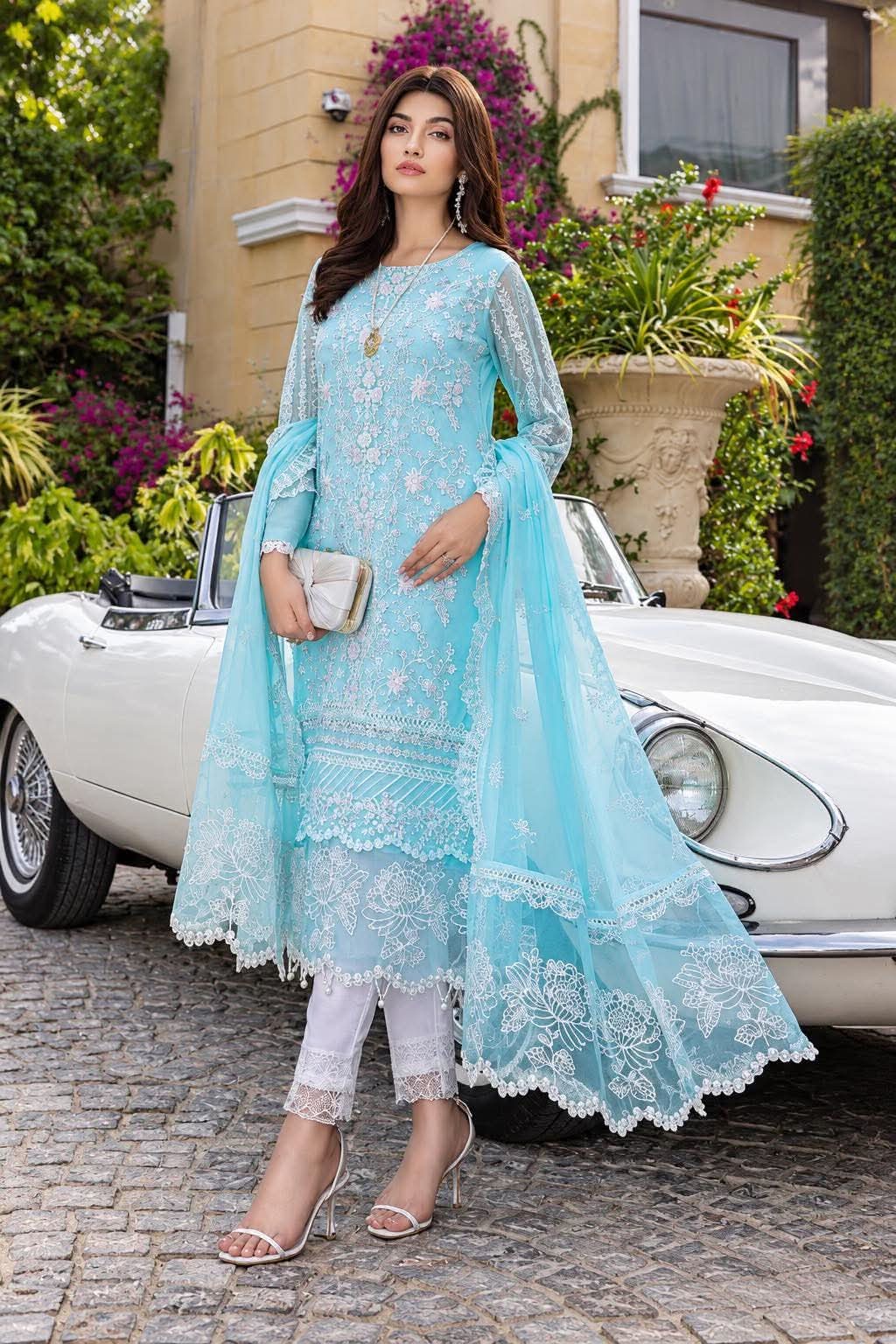 AZURE SKY BLUE ORGANZA EMBROIDERED DRESS