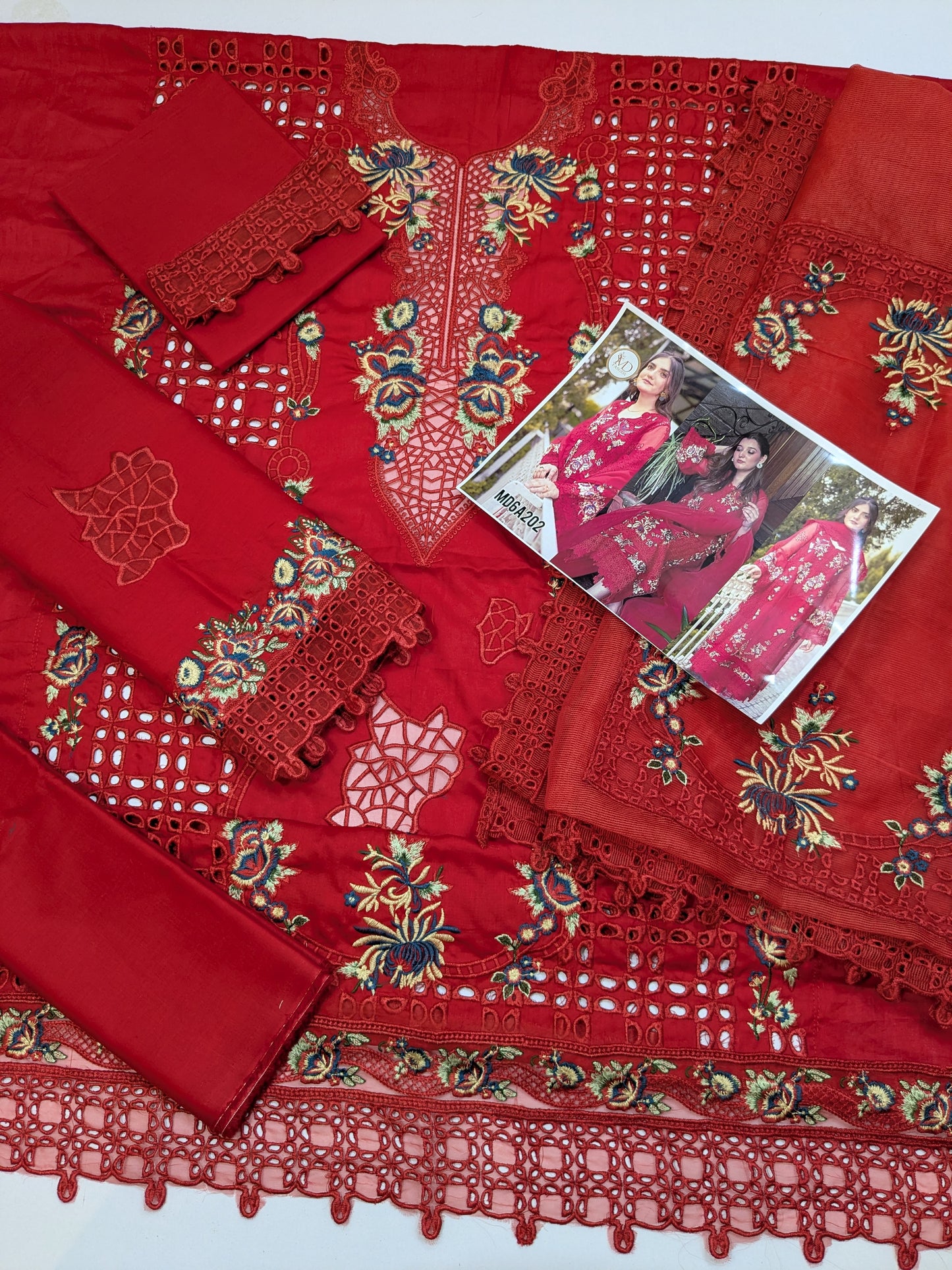 ANEELA RED CHIKENKARI EMBROIDERED