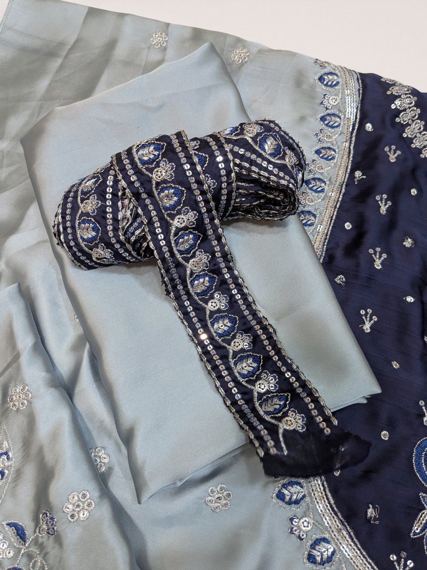 ANEELA GREY BLUE SILK EMBROIDERED