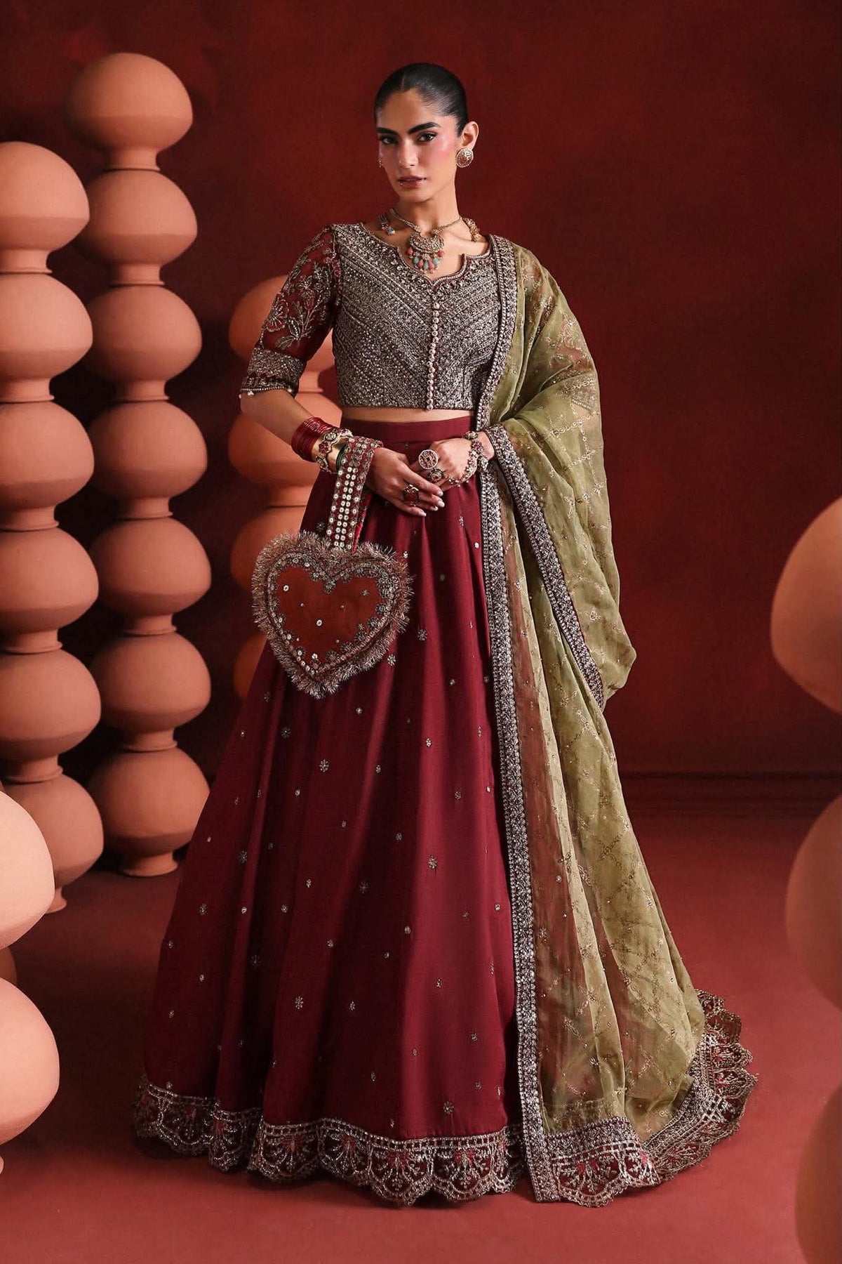 MARIA B INSPIRED LUXURIOUS MAROON FORMAL WEAR WITH HEART CLUTCH