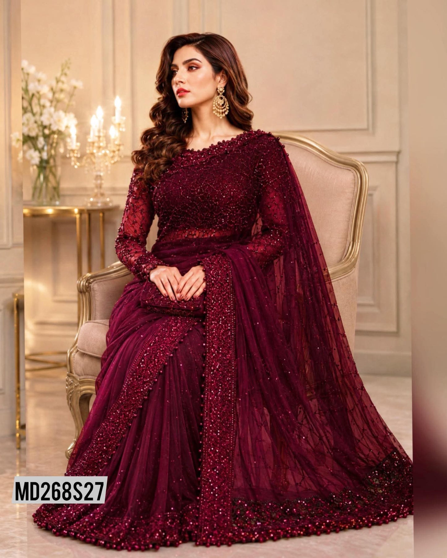 MARIA B INSPIRED MAROON NET SAREE