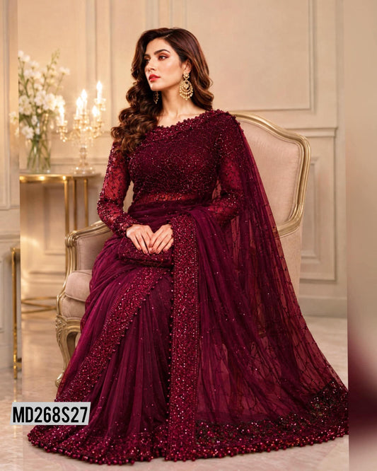 MARIA B INSPIRED MAROON NET SAREE