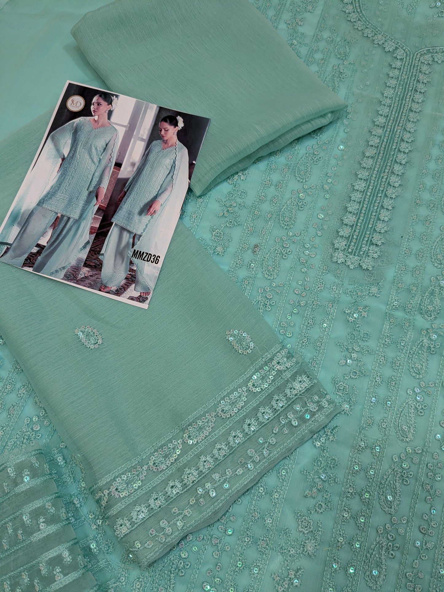 AZURE SOFT SEA GREEN CHIFFON EMBROIDERED