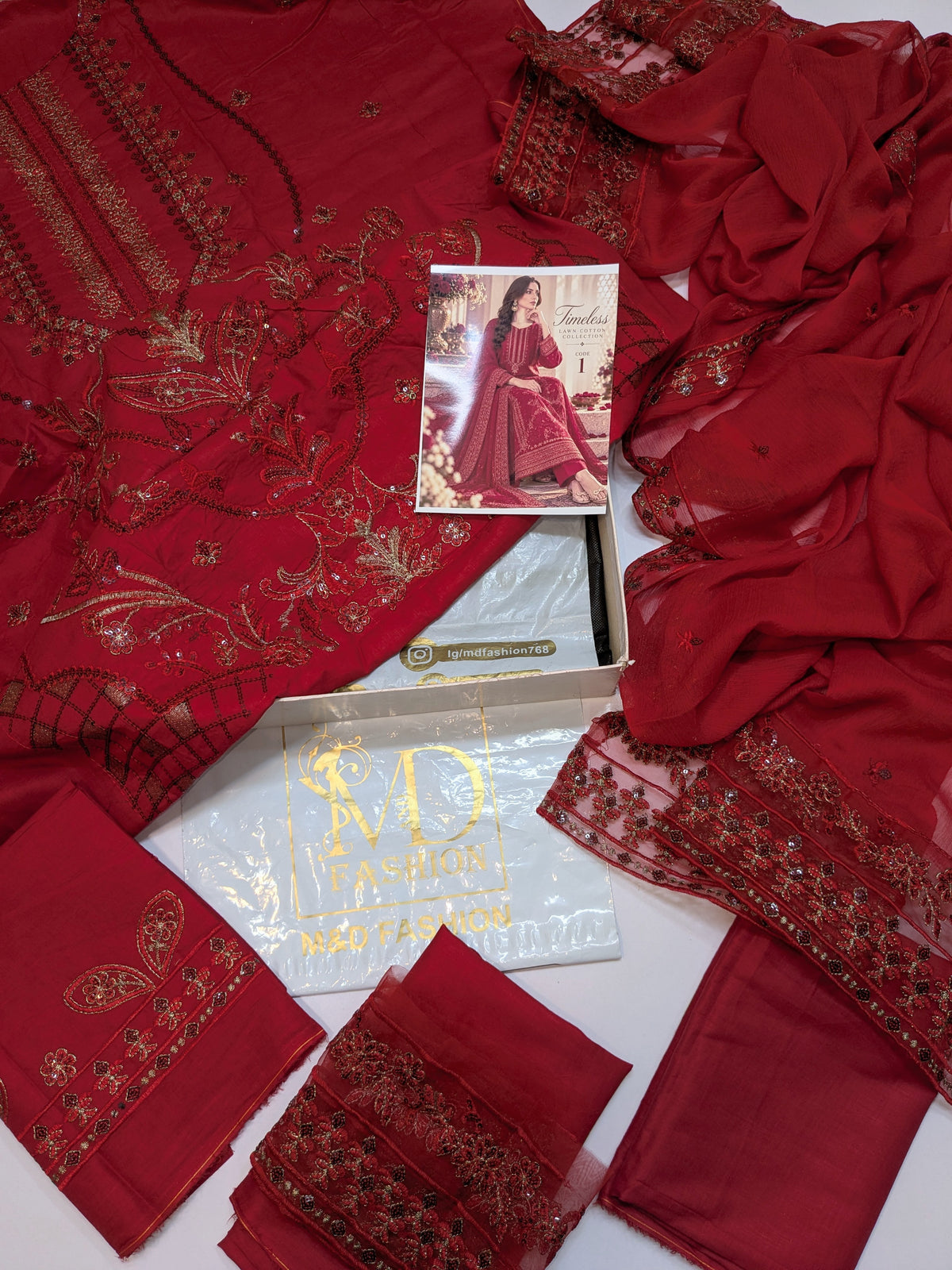 MAHIRA 01 RED LAWN COTTON DRESS WITH CHIFFON DUPPATA