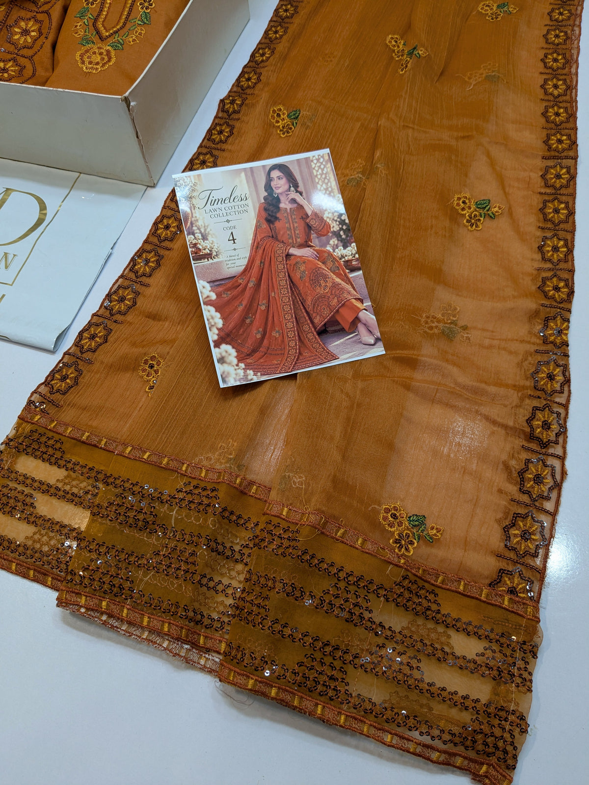 MAHIRA 04 MARIGOLD LAWN COTTON DRESS WITH CHIFFON DUPPATA