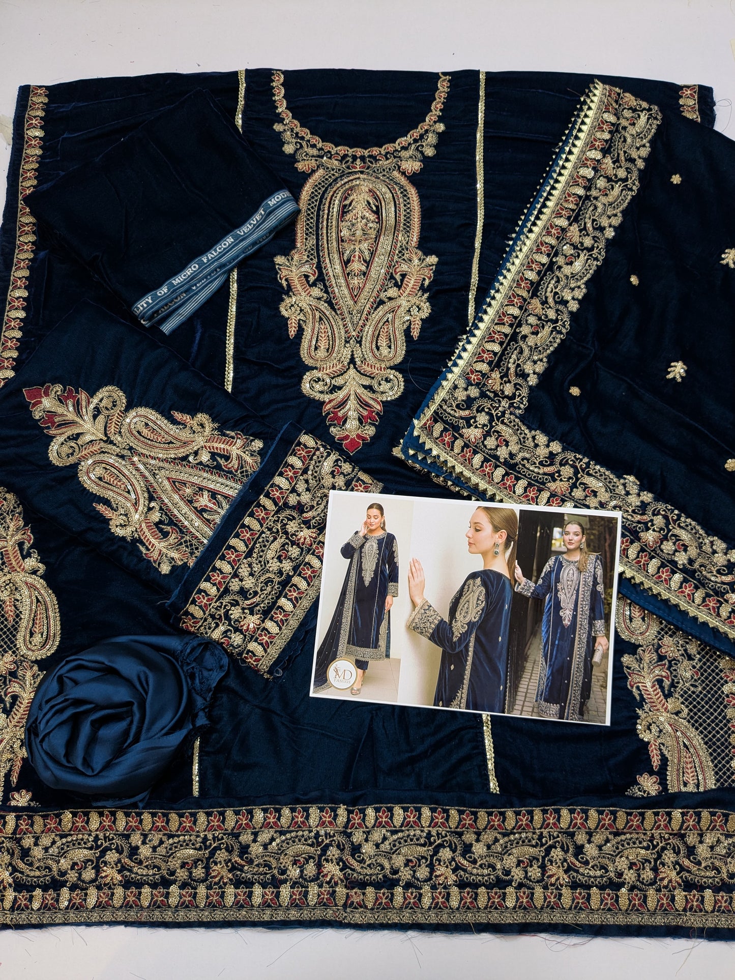 ANEELAS BLUE VELVET DRESS WITH VELVET SHAWL