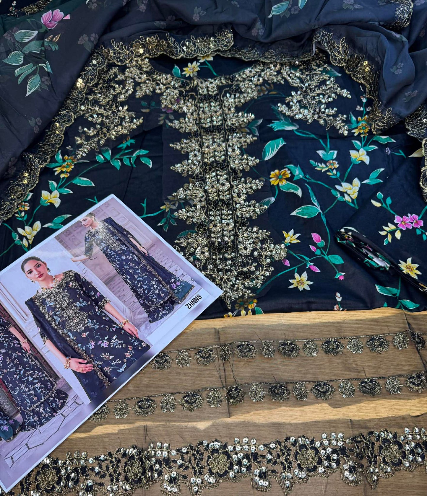 IZNIK BLACK HANDWORK LAWN WITH SILK DUPPATA