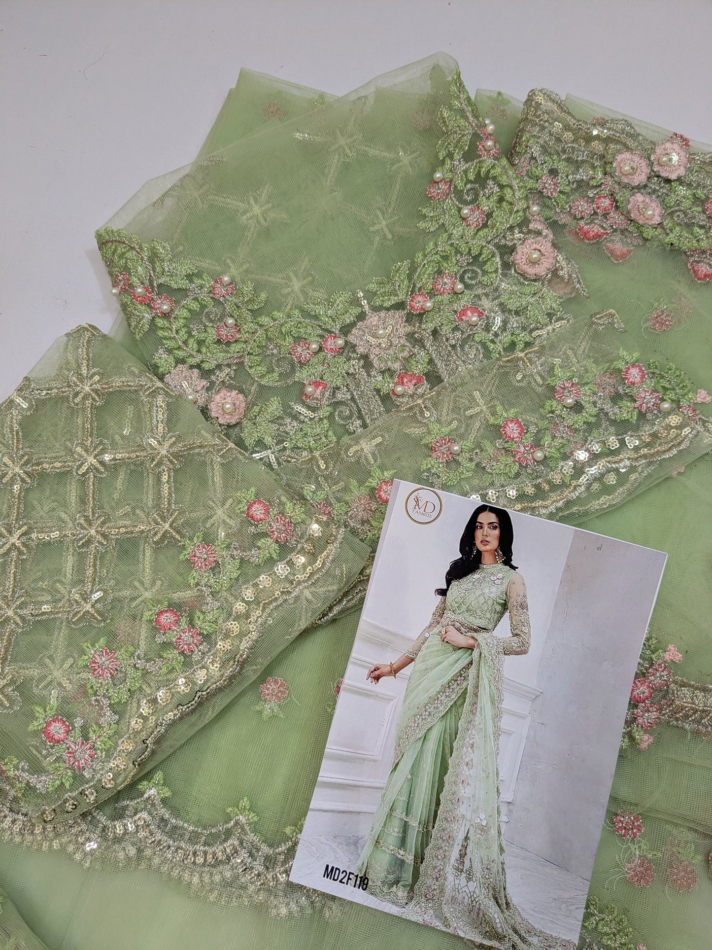 MARIA B PISTACHIO NET EMBROIDERED SAREE